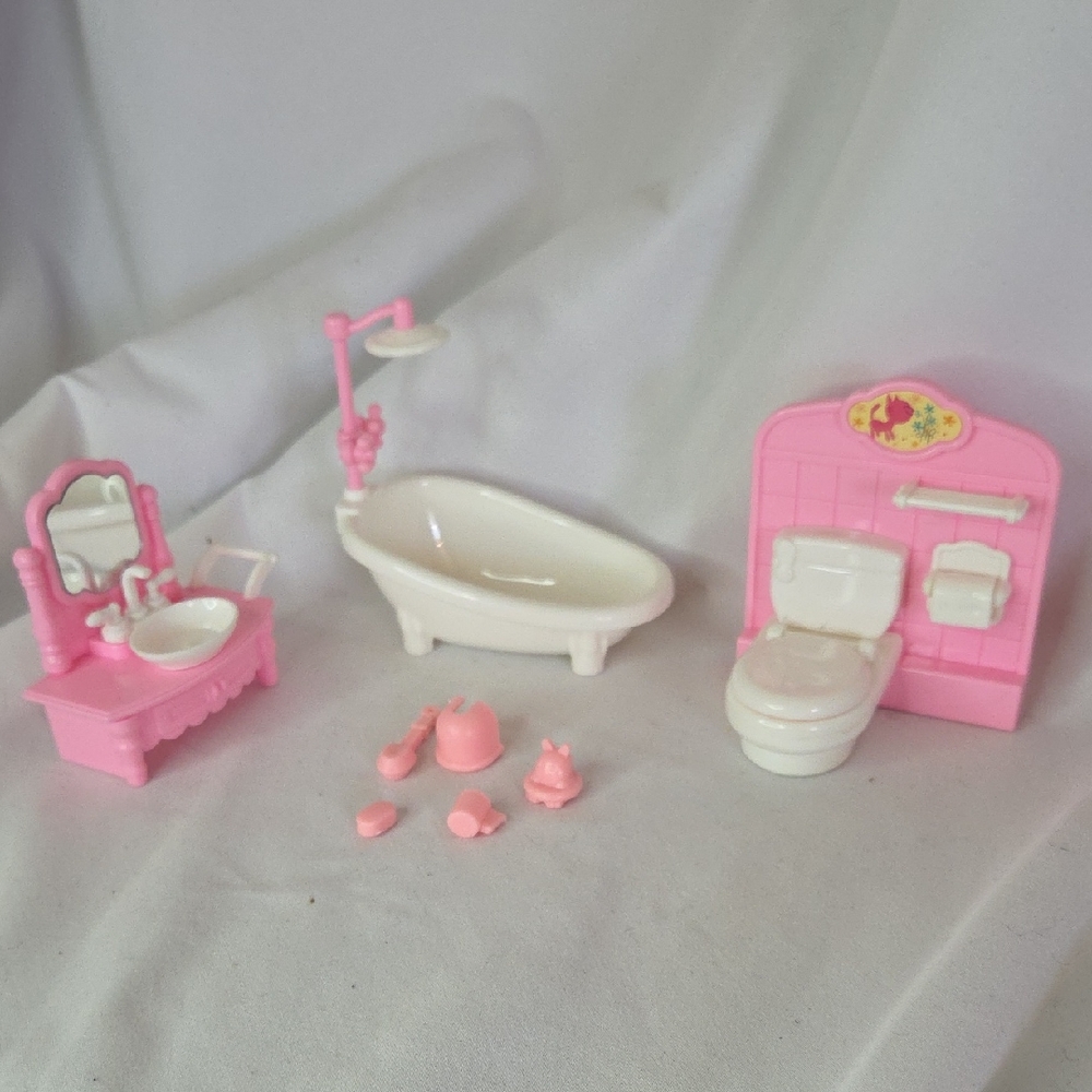 Doll House Furniture Bathroom Set Toilet Bath Sink Soap Toilet Brush Pink